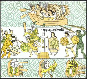 Amphibious attack by Spanish and Tlaxcalan troops. La Malinche and Cortes are depicted.png