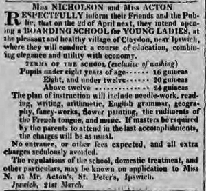 Advertisement placed by Acton in The Ipswich Journal for her boarding school.png